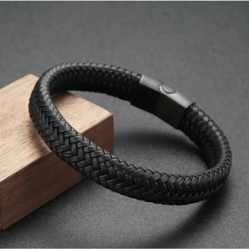 Classic Black Leather Bracelet For Men Hand Jewelry Gift Handsome Bracelet