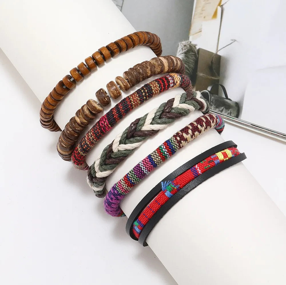 Bohemian Leather Bracelet Men Hand-woven Bracelet Men's Wooden Bead Bracelet Bracelet for Men Charm Bracelet Mens Jewellery