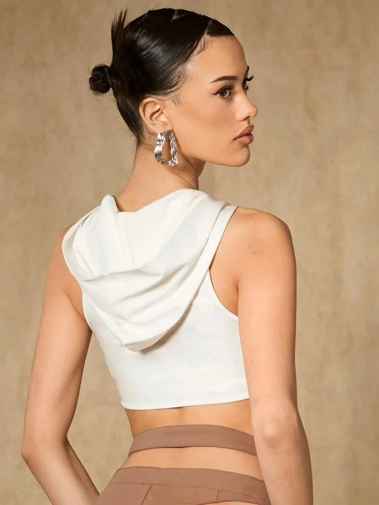 Hooded Tank Top Women Edgy Clothes Y2k Accessories Cut Out Sexy Streetwear Sleeveless T-Shirt White Corset Ropa Mujer Ring Decor