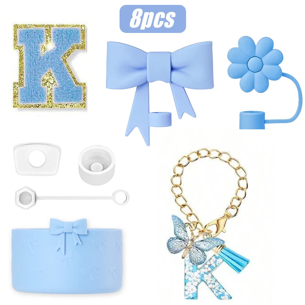 8PCS Cup Accessories Set for Stanley Cup 30oz 40oz, A-Z Initials Decorations, Including Silicone Straw Cover Cap,Sticker ﻿ ﻿