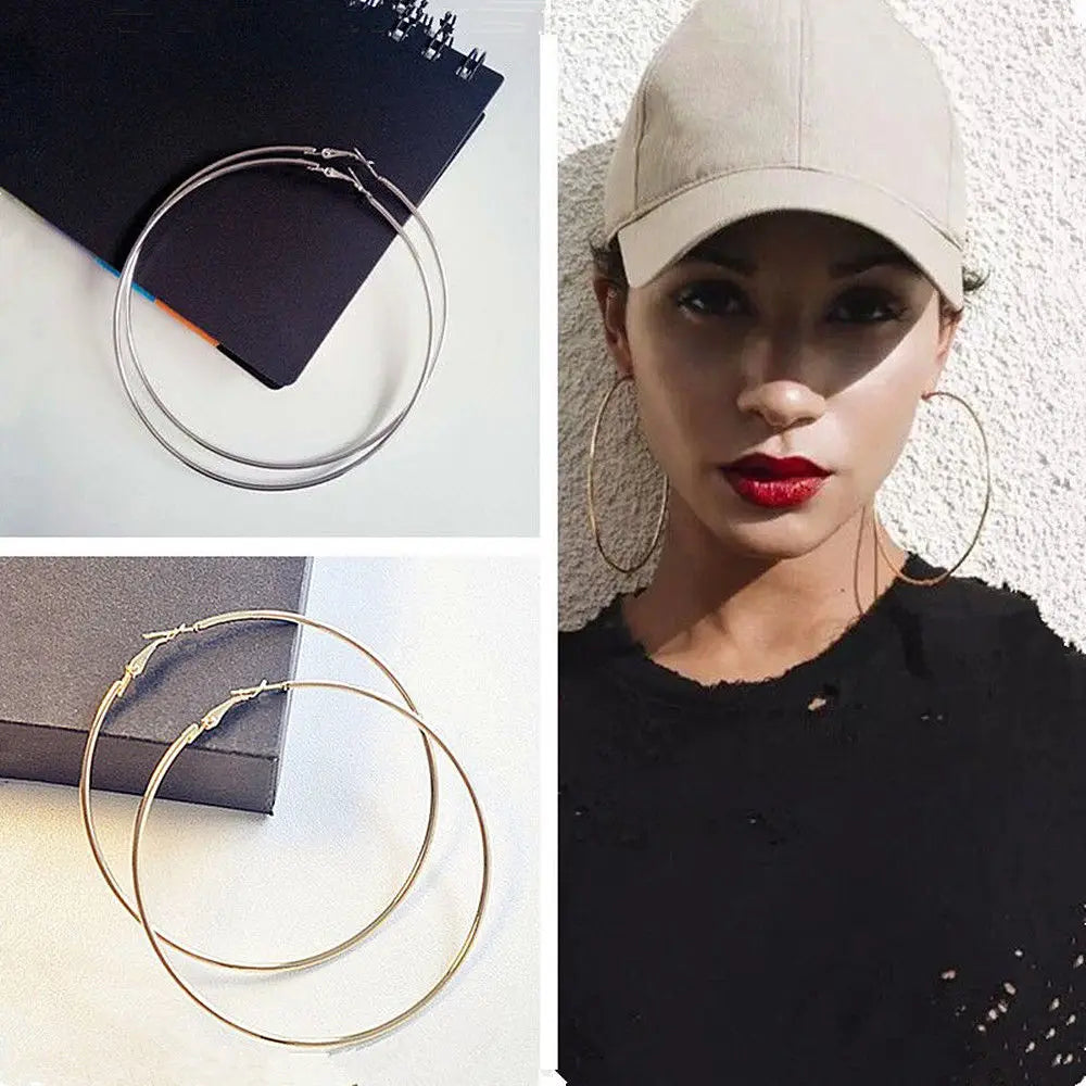 Women Gold Plated Silver Color Metal Big Circle Smooth Large Big Round Hoop Earings For Women Sexy Fashion Jewelry Wholesale