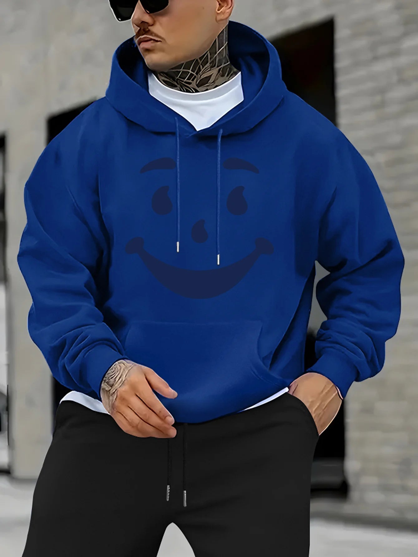 Men's Casual Hoodie with Bold Geometric Print & Happy Face Design - Relaxed Fit, Front Pocket, for Spring/Fall
