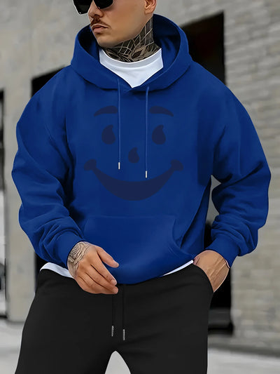Men's Casual Hoodie with Bold Geometric Print & Happy Face Design - Relaxed Fit, Front Pocket, for Spring/Fall