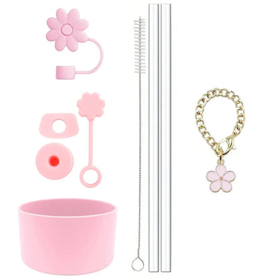 Cup Accessories for Stanley Cup Set of 9 Straw and Brush and 1 Flower Charm Chain 3 Spill Proof Stopper Flowers Straw Cover Boot