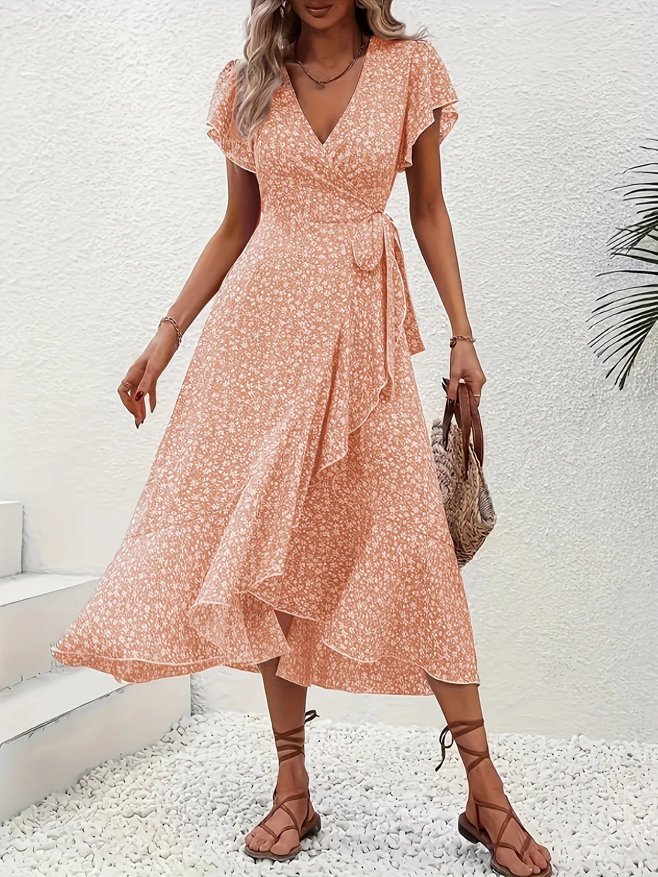 Summer Dresses for Women Sexy V Neck Short Sleeve Irregular High Waist Lace-up Flower Print Dress Casual Beach Dresses
