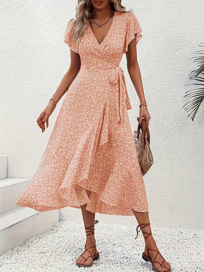 Summer Dresses for Women Sexy V Neck Short Sleeve Irregular High Waist Lace-up Flower Print Dress Casual Beach Dresses
