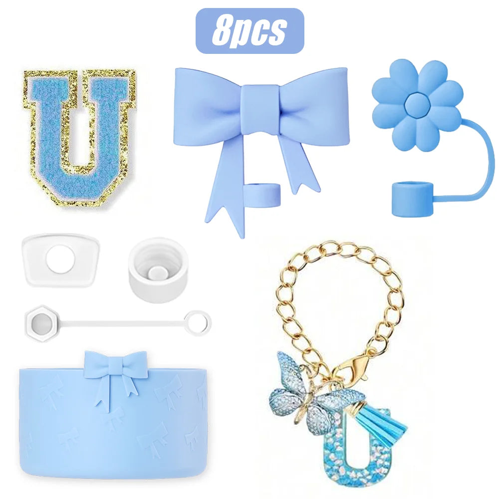 8PCS Cup Accessories Set for Stanley Cup 30oz 40oz, A-Z Initials Decorations, Including Silicone Straw Cover Cap,Sticker ﻿ ﻿