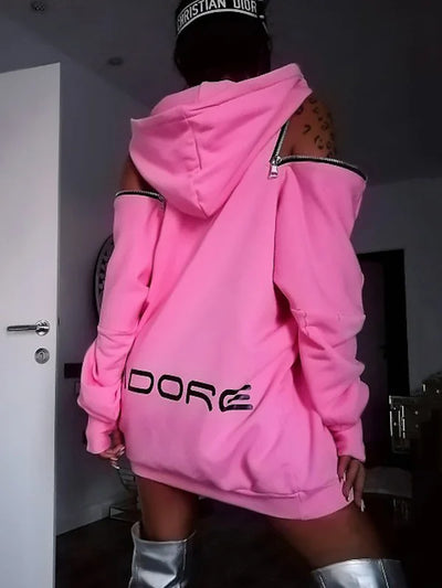 Women's hoodie coat Stylish Off-The-Shoulder Letter Print Sweatshirts Long Tops Sleeves Street Style coat Women's clothing