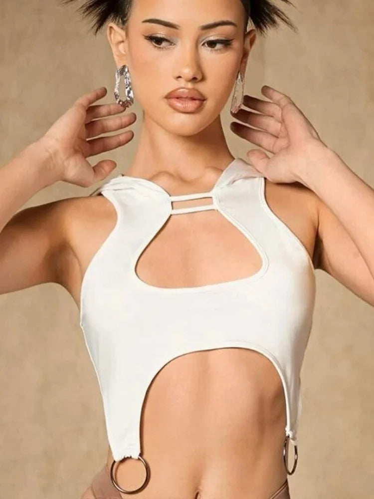 Hooded Tank Top Women Edgy Clothes Y2k Accessories Cut Out Sexy Streetwear Sleeveless T-Shirt White Corset Ropa Mujer Ring Decor