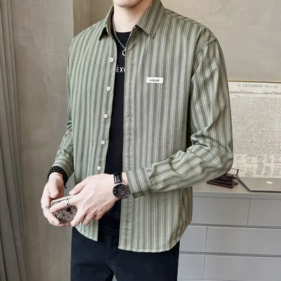 Men's Striped Shirt Long Sleeve Men's Top New Vertical Striped Versatile Fashion Trendy Shirt