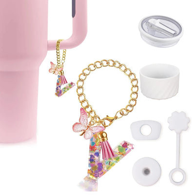 6pcs Accessories Set for Stanley Cup 40oz Including Glitter Silicone Boot Diamond Butterfly Charm Chain Bow Silicone Straw