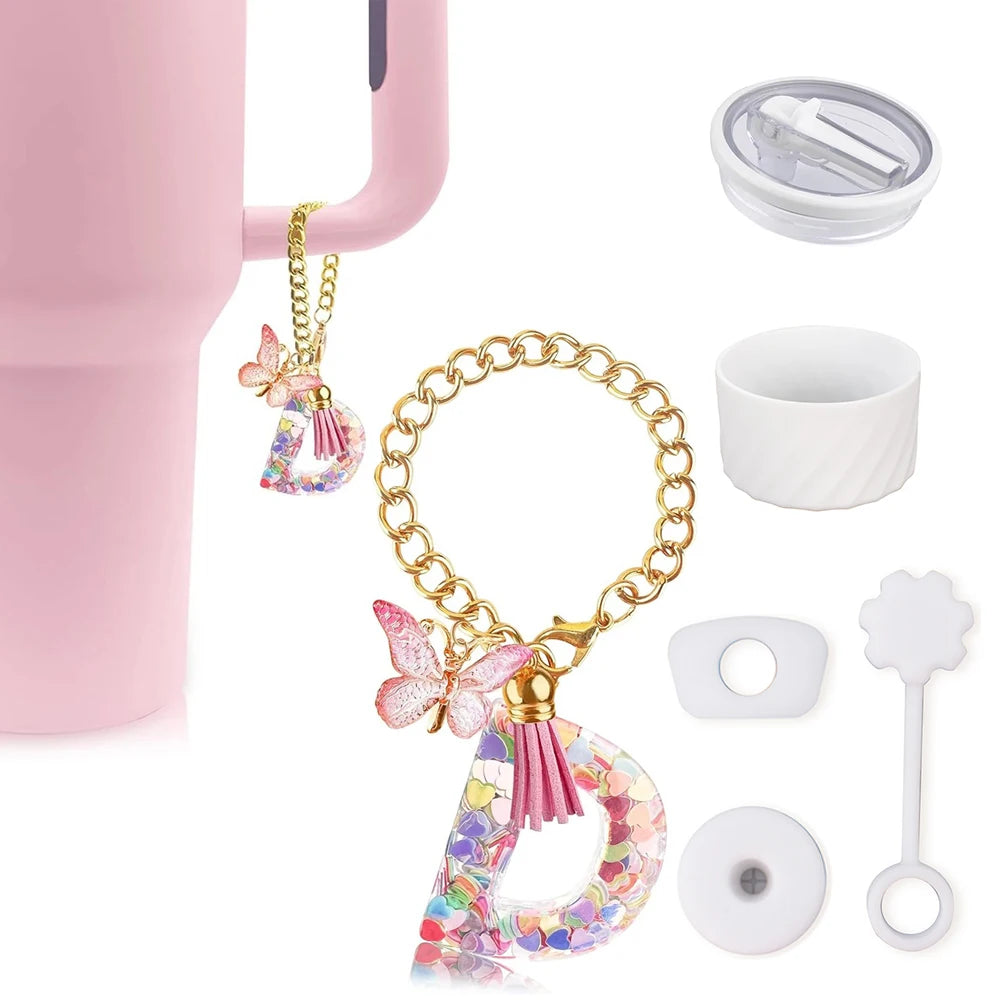 6pcs Accessories Set for Stanley Cup 40oz Including Glitter Silicone Boot Diamond Butterfly Charm Chain Bow Silicone Straw