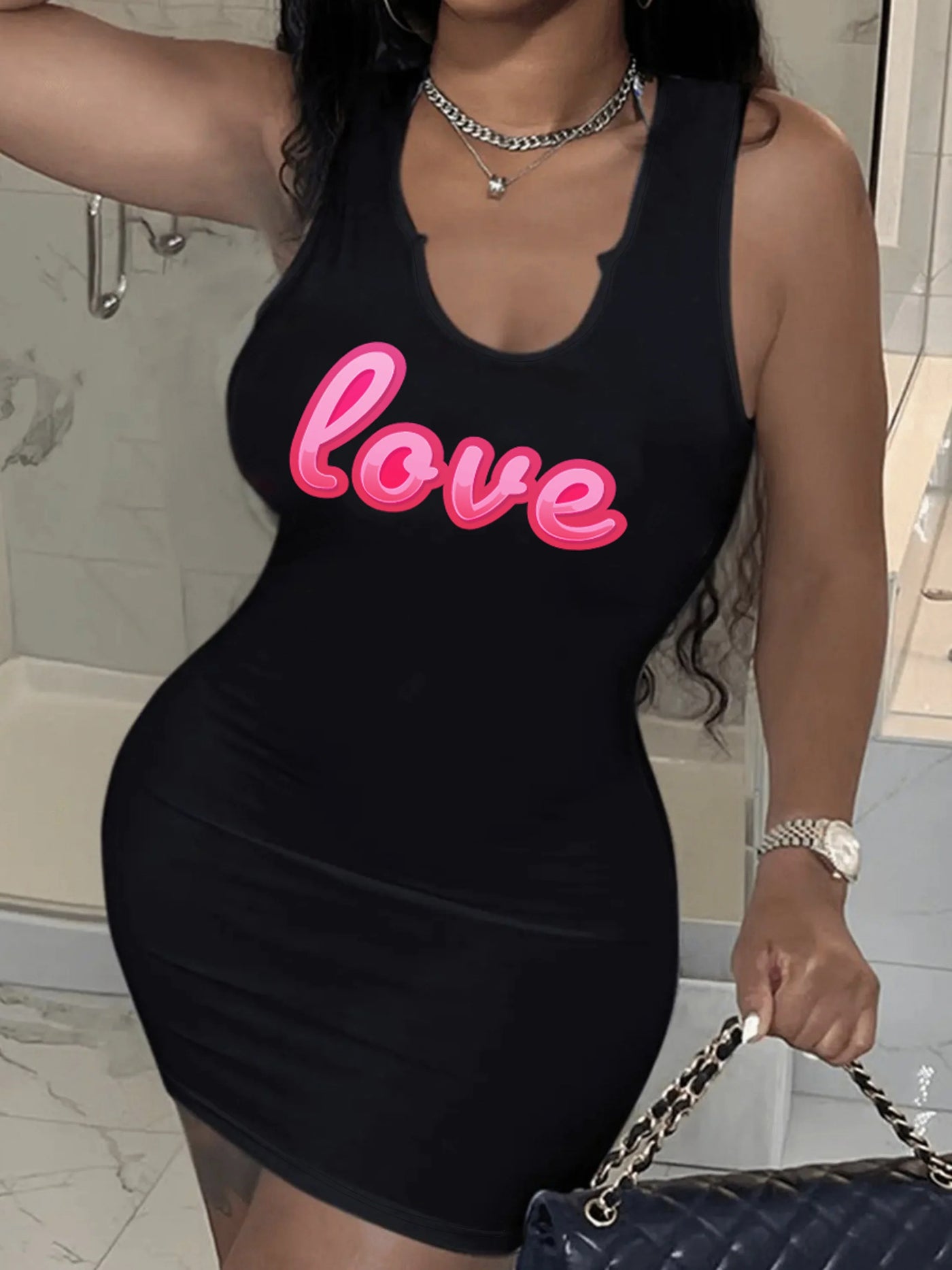 Women's Black Tank Top Pink LOVE Sexy Dress