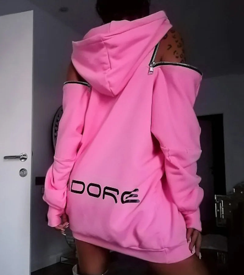 Women's hoodie coat Stylish Off-The-Shoulder Letter Print Sweatshirts Long Tops Sleeves Street Style coat Women's clothing