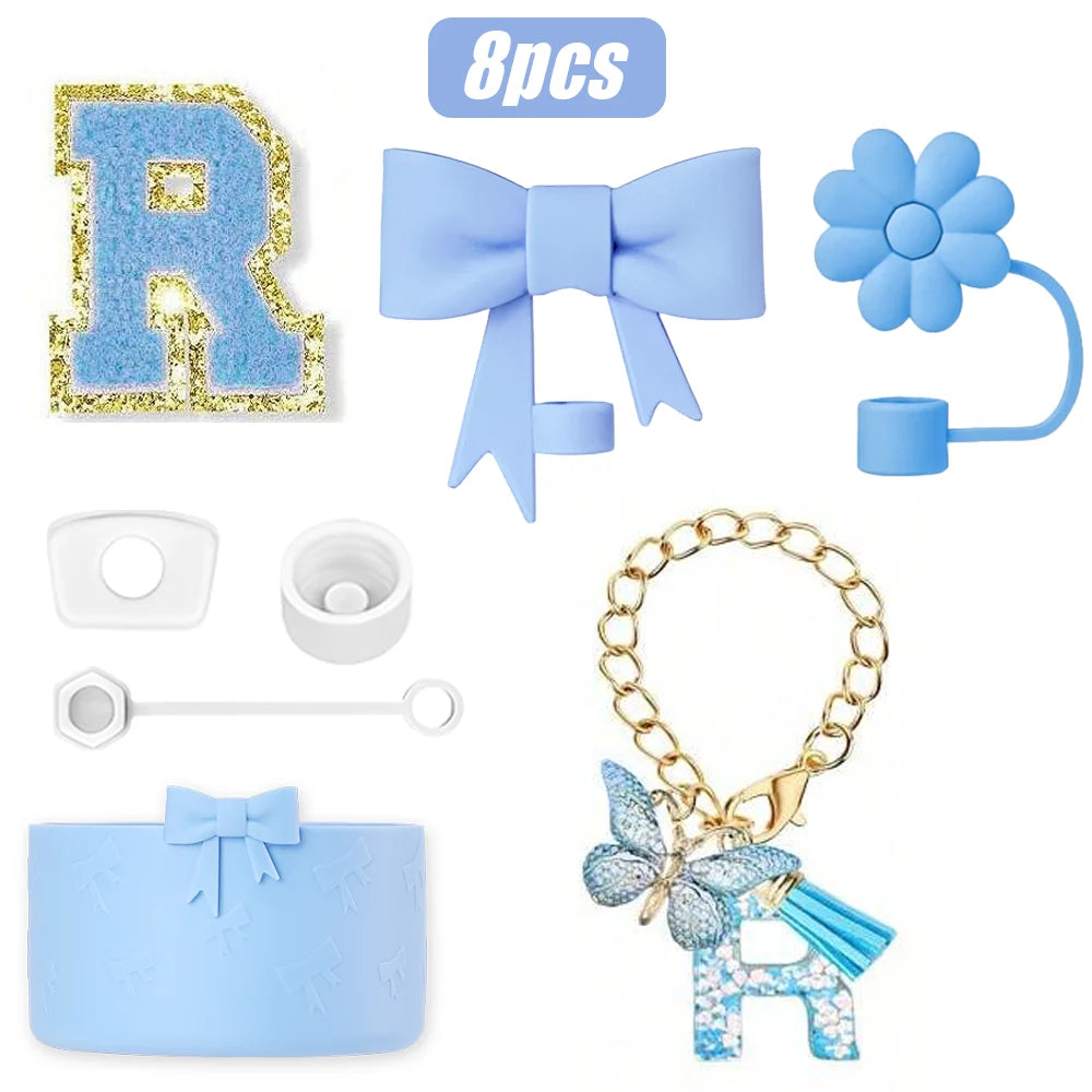 8PCS Cup Accessories Set for Stanley Cup 30oz 40oz, A-Z Initials Decorations, Including Silicone Straw Cover Cap,Sticker ﻿ ﻿