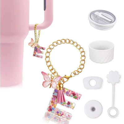 6pcs Accessories Set for Stanley Cup 40oz Including Glitter Silicone Boot Diamond Butterfly Charm Chain Bow Silicone Straw