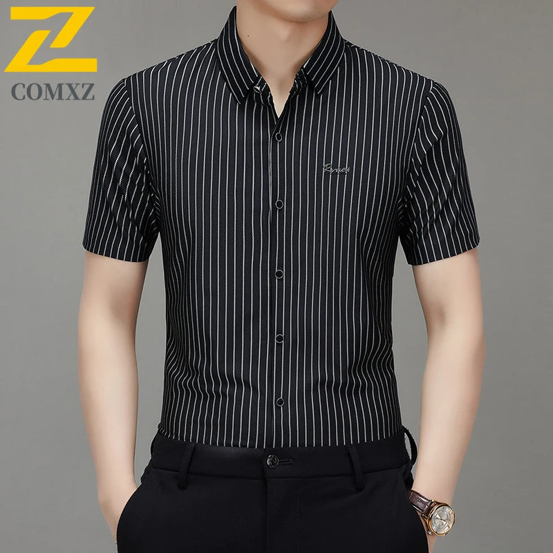 Men's Shirt Autumn New Style Comfortable Breathable Fashionable Striped Short Sleeved Shirt Business Casual Lapel Men's Clothing