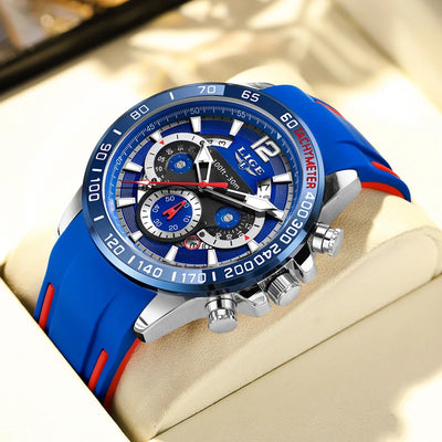 LIGE Men Wristwatch Fashion Luxury Waterproof Sport Stopwatch Quartz Watches Business Wrist Watch for Man Silicone Strap+Box