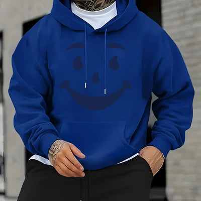 Men's Casual Hoodie with Bold Geometric Print & Happy Face Design - Relaxed Fit, Front Pocket, for Spring/Fall