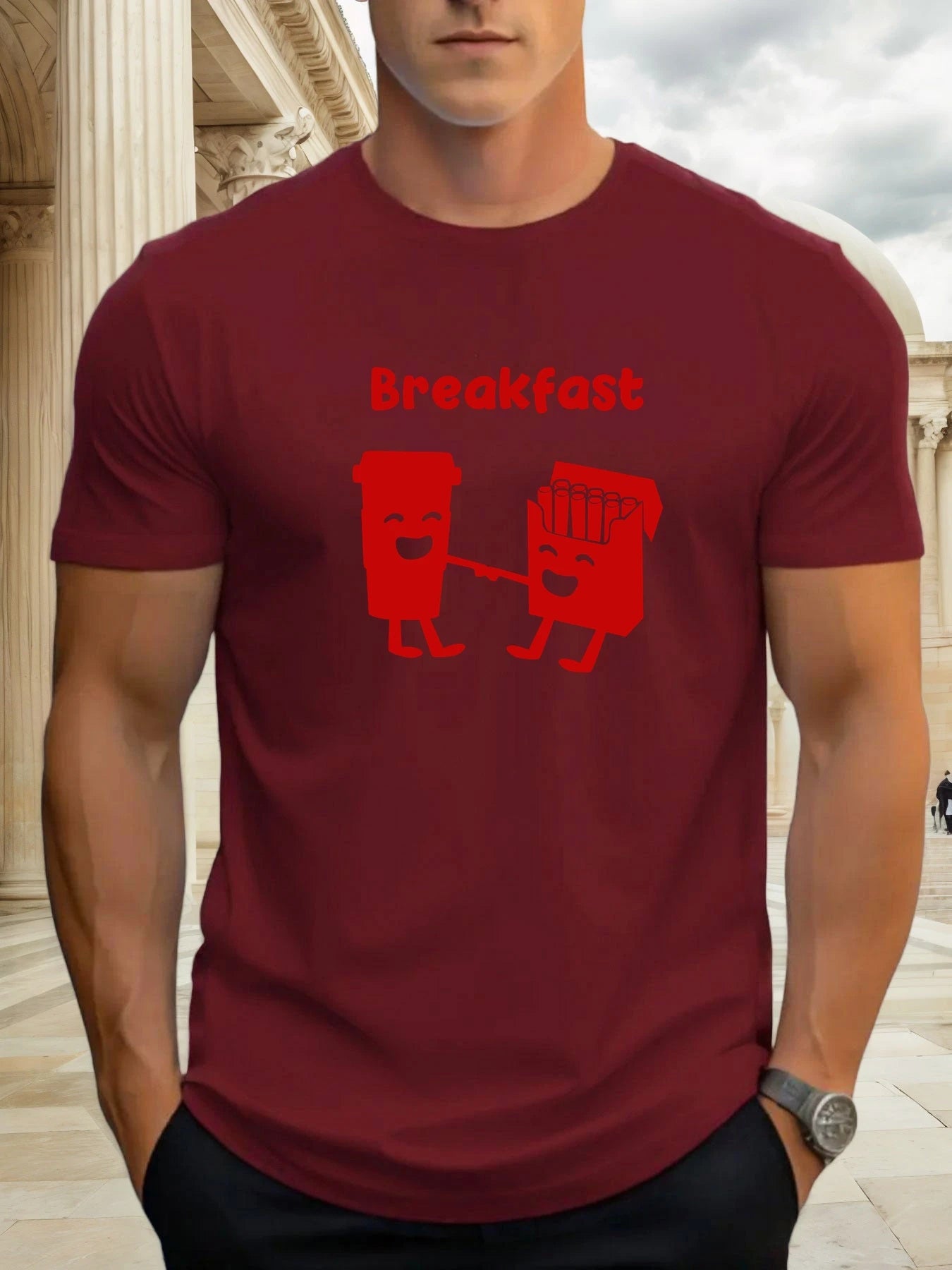 T Shirt For Men Breakfast 100% Cotton Graphic Printing Summer Round Neck T-Shirt Casual Breathable Street Style Daily Top