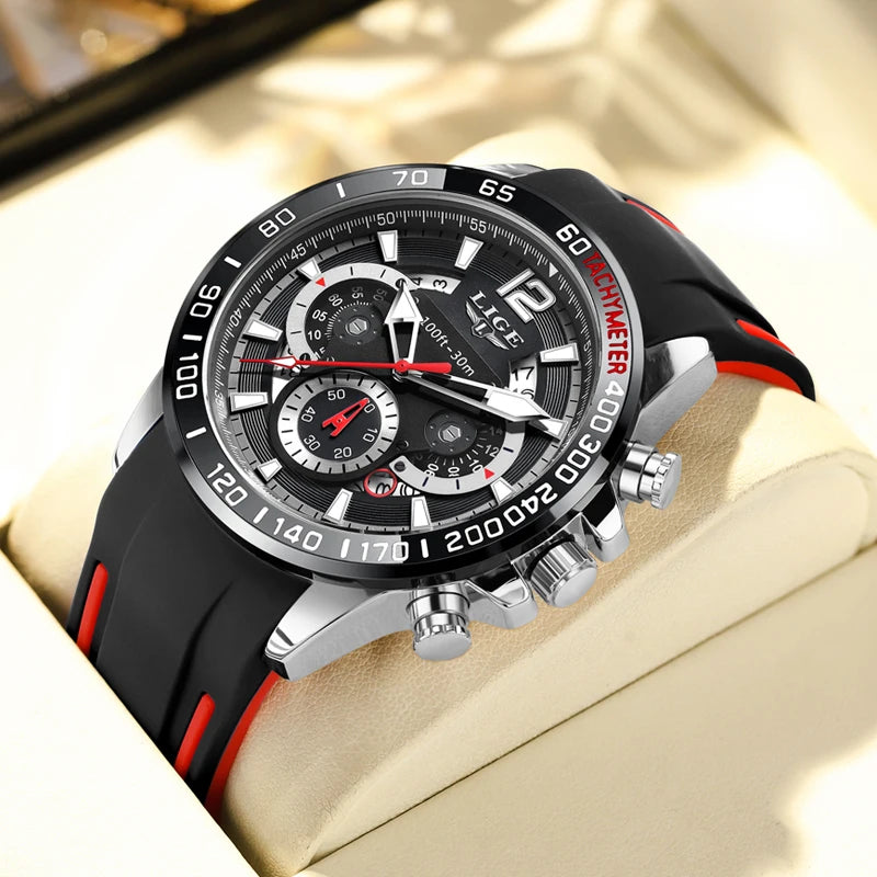 LIGE Men Wristwatch Fashion Luxury Waterproof Sport Stopwatch Quartz Watches Business Wrist Watch for Man Silicone Strap+Box